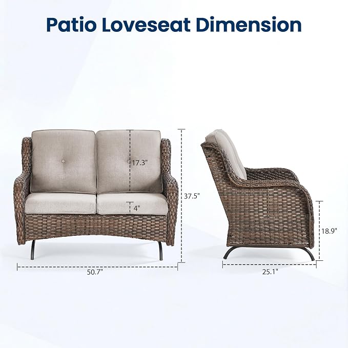 Patio Loveseat Sofa, Outdoor Wicker Loveseat with Luxury Thick Cushion, All-Weather Patio Furniture Set, Outdoor Glider Bench for Garden Balcony Backyard(Brown Wicker/Beige Cushion)