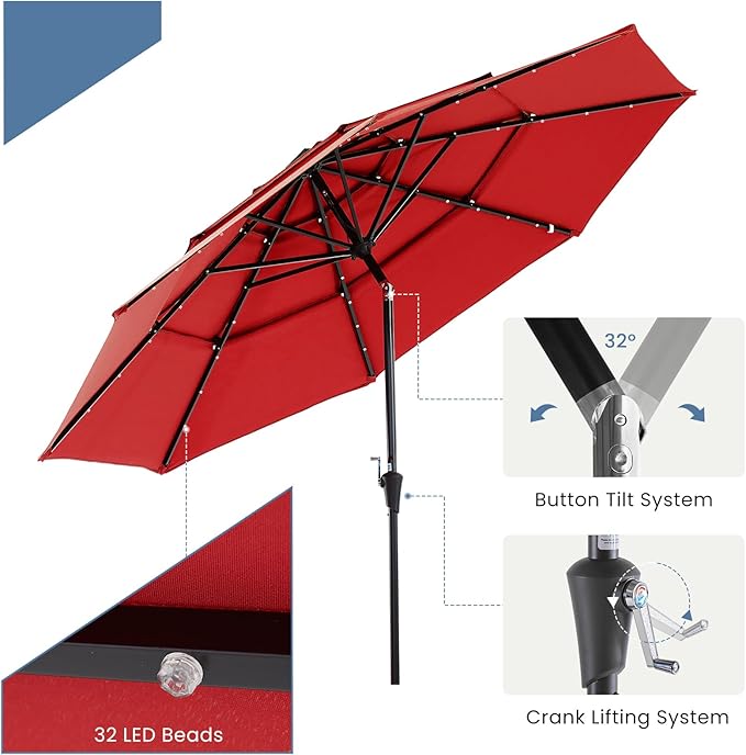 DUMOS LED Outdoor Patio Umbrella 10 FT UV-Resistant Market Umbrella with Tilt Adjustment & Crank Lift, All-Weather Shade for Backyard, Deck, Garden, Beach