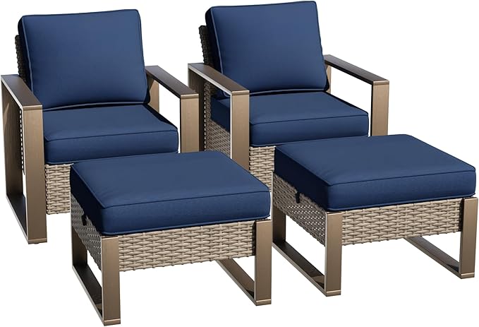 Outdoor Wicker Metal Chairs Set of 2 with Two Ottomans - 4 Pieces Patio Bistro Set with Rectangular Framed Wood-Looking Metal Armrest & Removable Cushions for Poolside, Terrace, Dark Blue