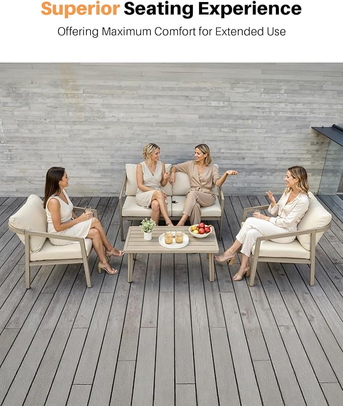 4-Piece Outdoor Sofa Set, Never-Rust Aluminum Patio Conversation Set with Thick Cushions, Outdoor Loveseat, 2 Patio Armchairs and Coffee Table for Outside, Poolside, Deck, Gray Oak