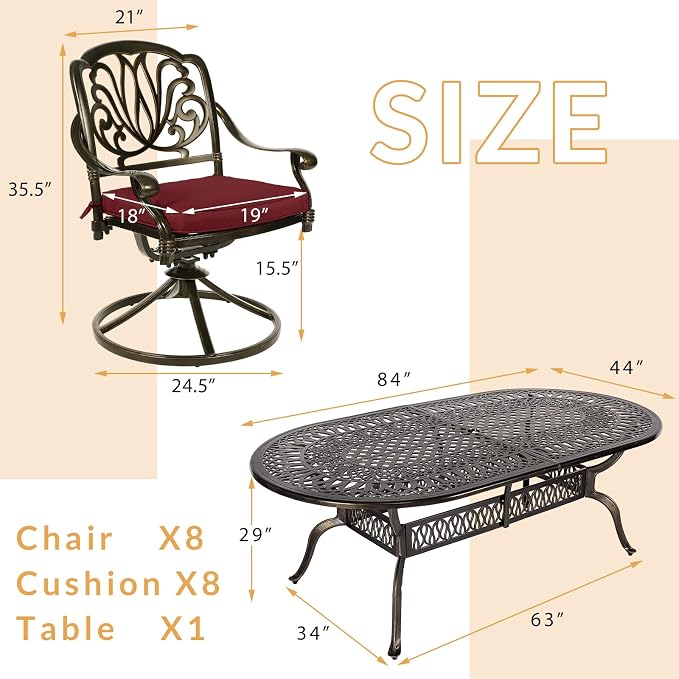 9-Piece Patio Dining Set, Outdoor Patio Table and Chair Set of 84” Oval Cast Aluminum Dining Table with Umbrella Hole, 8 Patio Dining Swivel Chairs Padded, Patio Funiture Set, Red