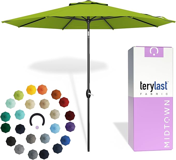 Midtown Umbrellas - 10-Year-No-Fade 6 Ft Patio Umbrella with Terylast Fabric, Auto-Tilt Aluminum Frame and 8 Reinforced Ribs for Deck, Pool, Garden & Beach - Pear Green Canopy, Black Pole