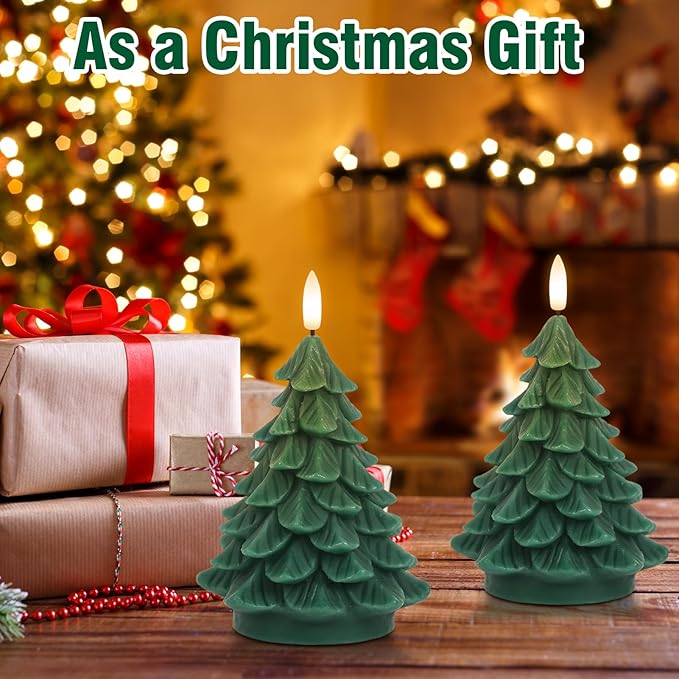 Christmas Tree Shaped LED Candles with 6H Timer, 2 Pcs Flameless Pillar Candles Flickering, Battery Operated LED Candle with 3D Flame Wick, Green Candles for Home Décor Christmas Gifts