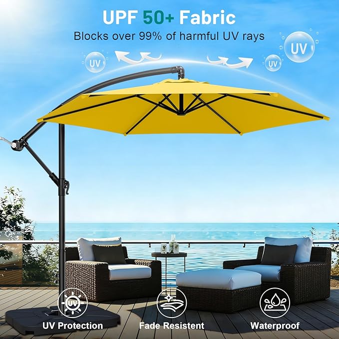 AreShark 10FT Patio Outdoor Umbrella, Offset Patio Umbrella Cantilever Umbrella, 6 Sturdy Ribs, Easy Adjustment for Garden Market Pool with Cross Base (Yellow)