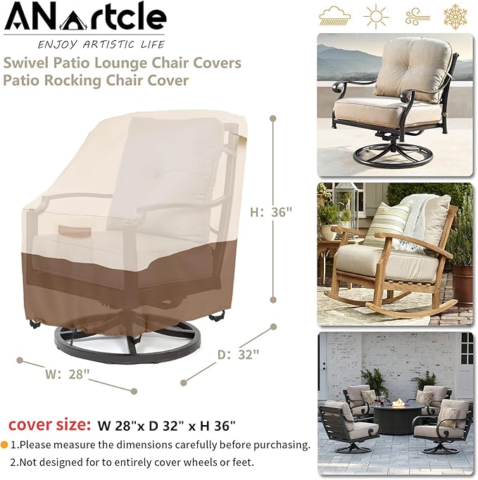 ANartcle Swivel Patio Chair Cover 4 Pack,600D Waterproof Heavy Duty Outdoor Chair Cover(28 W x 33 D x 36 H inches),Patio Furniture Covers,Outdoor Furniture Covers Waterproof,Beige&brown