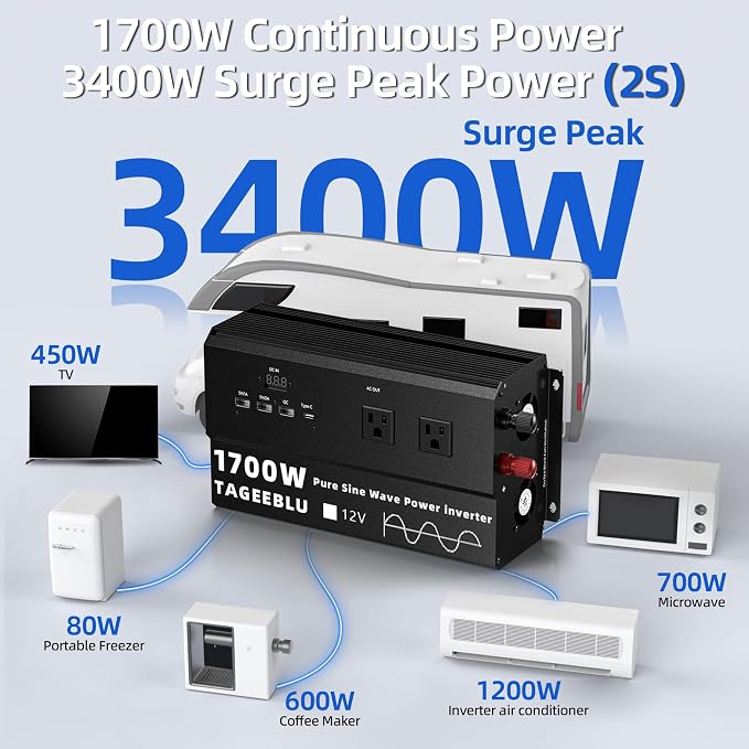 Pure Sine Wave Inverter [1700W] - 3400W Surge, 12V DC to 110V AC Heavy Duty Power Inverter for RV, Truck, Home, Solar, Off-Grid, Outdoor, Car Converter with 4 AC Outlet & 4 USB (30W QC & PD)