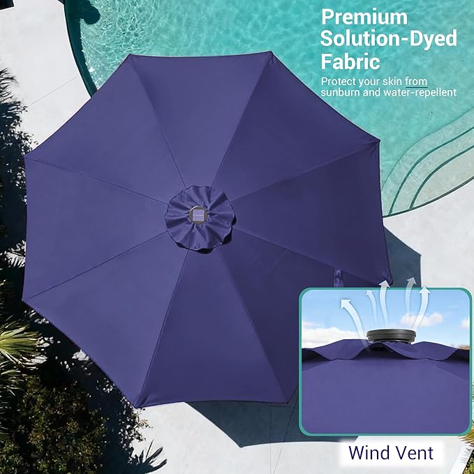 9ft Patio Umbrella Outdoor with Solar Lights,32 LED Lighted Table Market Umbrella with Tilt and Crank, 2-Year-Non-Fading, 8 Sturdy Ribs,for Pool, Deck, Garden,Backyard