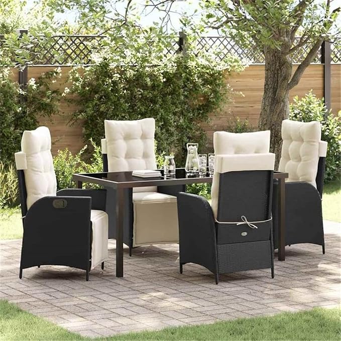 Afuera Living 5 Piece Poly Rattan Patio Dining Set, Black, Adjustable Footrests, Cushioned Polyester Seat Pads, Tempered Glass Tabletop, Modern Outdoor Furniture for Garden, Terrace, or Backyard Use