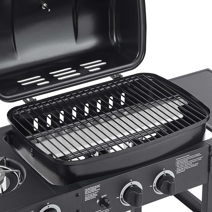 2-Burner Propane Gas BBQ Grill with Side Burner, 24,000 BTU Stainless Steel Barbecue Grill with Cast Iron Grates and Side Table for Outdoor Cooking Kitchen Patio