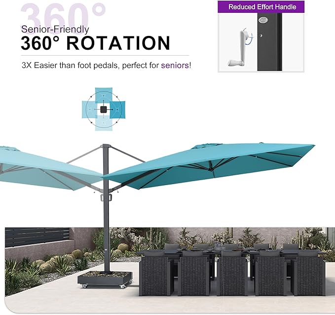 PURPLE LEAF 13' X10' Space Saving Rectangle Patio Umbrella Large Outdoor Aluminum Offset Umbrella with 360-degree Rotation Cantilever Umbrella for Garden Deck Backyard Pool Turquoise Blue