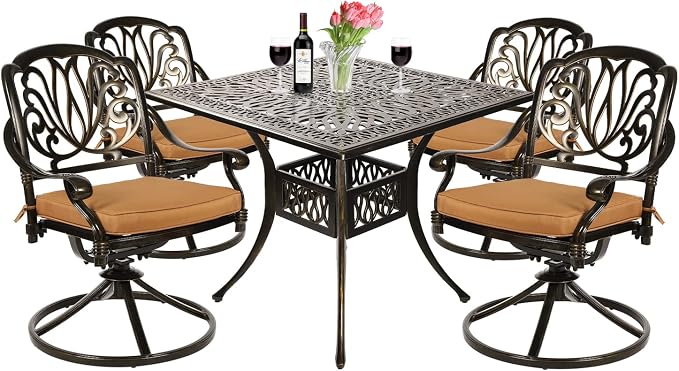 VIVIJASON 5-Piece Outdoor Patio Dining Set, All-Weather Cast Aluminum Conversation Set, Patio Furniture Set for Deck Lawn Garden, Include 4 Swivel Dining Chairs, a 35.4" Square Table w/Umbrella Hole