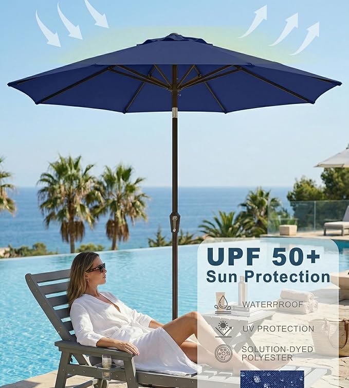 PatioKingdom Auto-Tilt 9FT Patio Umbrella Outdoor with 8 Sturdy Fiberglass Ribs,Market Table Umbrella for Pool,Backyard,Deck and Garden