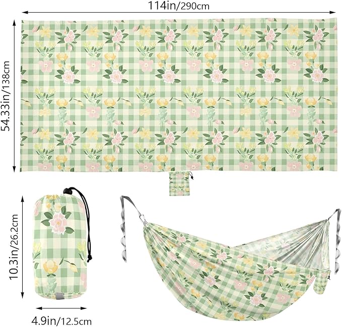 Camping Hammock Outdoor Hammocks for Outside Pink Green Yellow Plaid Flowers Beach Trees Portable Lightweight with Pockets Tree Straps Indoor