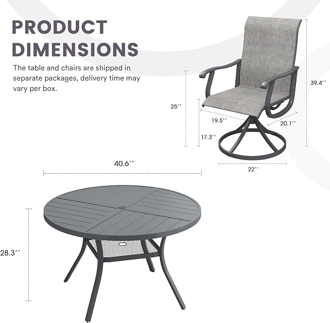 5 Pieces Patio Furniture Dining Set, 4 Textilene Swivel Dining Chairs, 41" Outdoor Round Metal Table with Storage Shelf and 1.57" Umbrella Hole, Outdoor Dining Set for Porch, Lawn, Grey/Grey