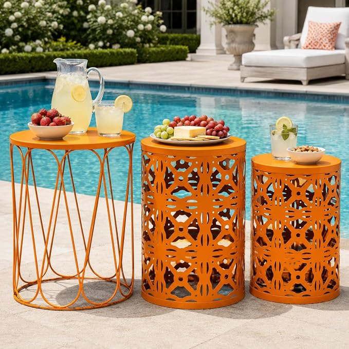 HFHOME Set of 3 Metal Outdoor Side Table, Nesting Round Coffee Table for Indoor Outdoor, Heavy Duty End Tables Plant Stand Living Room Garden Stool - Orange