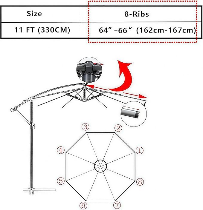 11FT Cantilever Patio Umbrella Replacement Canopy Outdoor Large Round 8 Ribs Length 64" to 66" (Canopy Only) Waterproof & UV