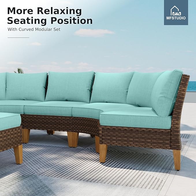 MFSTUDIO 10 Pieces Wicker Patio Furniture Set, All-Weather Rattan Half-Moon Curved Outdoor Sectional Sofas, 2 x Curved Sofa, 2 x Armless Chair, 2 x Ottoman, 4 x Corner Sofa(Aqua Blue Cushions)