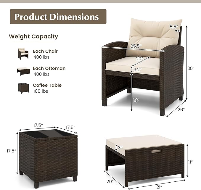 KOTEK 5 Pieces Patio Furniture Set with Ottomans, Wicker Patio Conversation Set with Coffee Table & Cushions, PE Rattan Outdoor Lounge Chairs for Backyard, Porch, Poolside (Mix Brown- Off White)