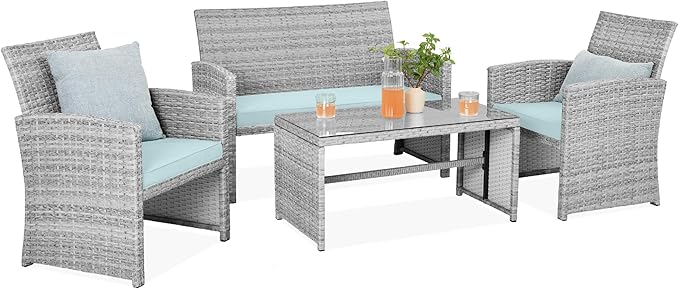 Best Choice Products 4-Piece Outdoor Wicker Patio Conversation Furniture Set for Backyard w/Coffee Table, Seat Cushions - Gray/Pastel Blue