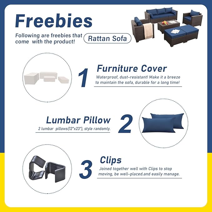 6 Pieces Patio Outdoor Furniture Conversation Sets Patio Wicker Sofa Set with Outdoor Couch Patio Chairs and Storage Table Non-Slip Cushions Waterproof Covers, Navy Blue