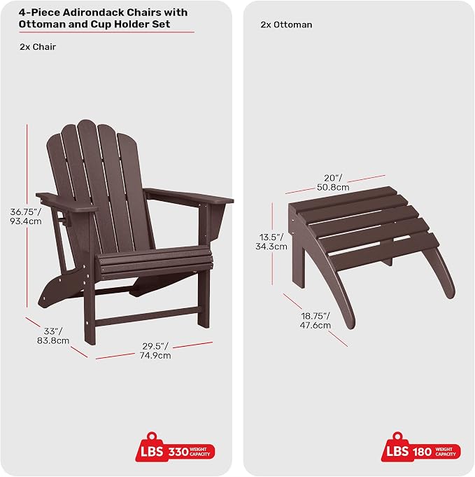 Costaelm Lakeview 4-Piece Outdoor Patio HDPE Adirondack Chairs with Ottomans and Cup Holder Set, Dark Brown