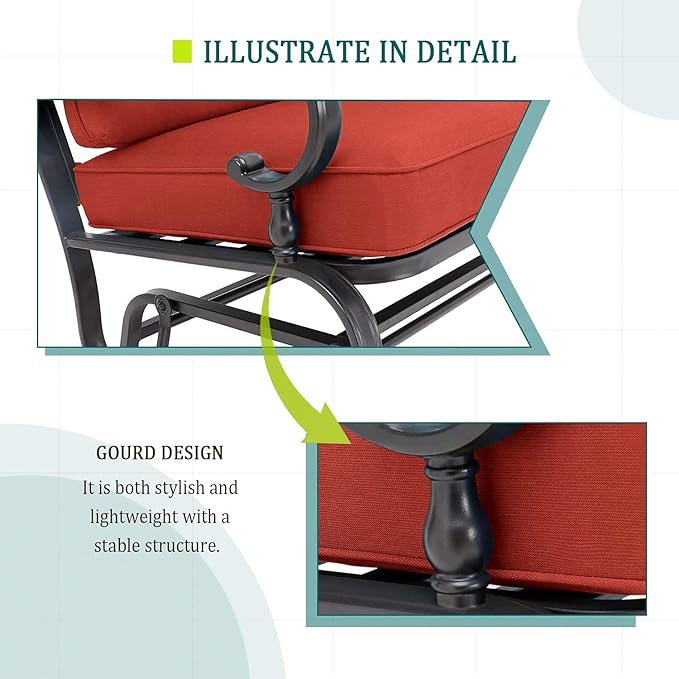4 Pcs Outdoor Wrought Iron Furniture Patio Conversation Set with Glider Loveseat, 2 Spring Chairs, and Coffee Table (Red)