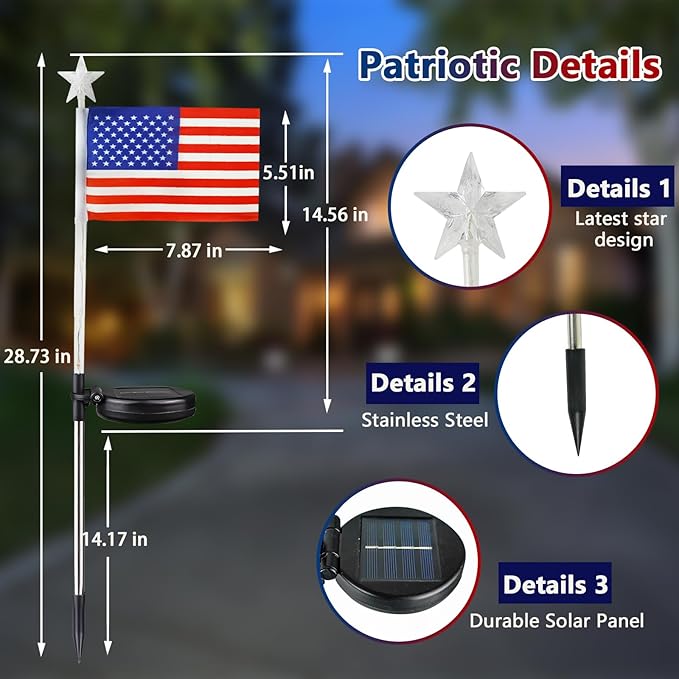 4th of July Decorations Outdoor Solar Lights, 10 Pack Red White and Blue American Flag Star Lights for National Day, Waterproof Patriotic Light for Independence Day 250th Anniversary Garden Yard Path