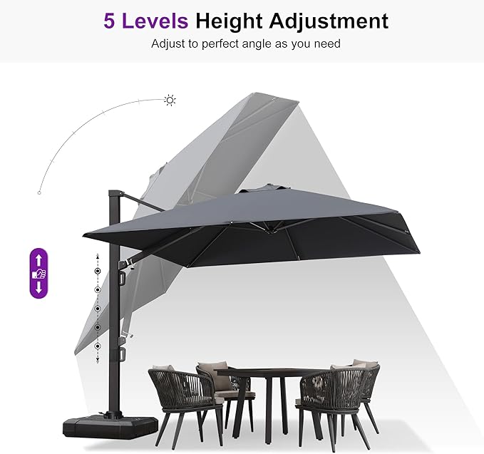 PURPLE LEAF 10 FT Square Patio Umbrella Large Outdoor Aluminum Offset Umbrella with 360-degree Rotation Cantilever Umbrella for Garden Deck Backyard Pool, Grey