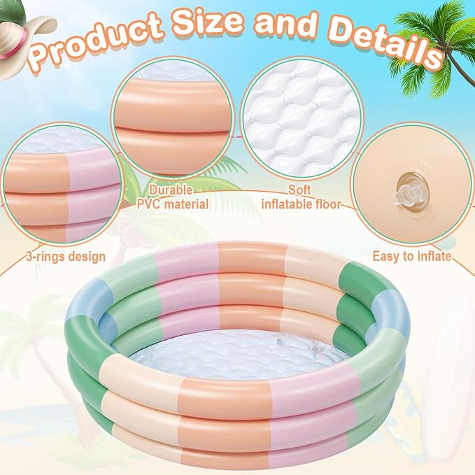 VioraWhite 4 Pack Inflatable Kiddie Pool for Toddlers 34"x10" Morandi Blow Up Kids Swimming Pool Small 3 Rings Round Baby Pools for Indoor Outdoor Water Game Play Center