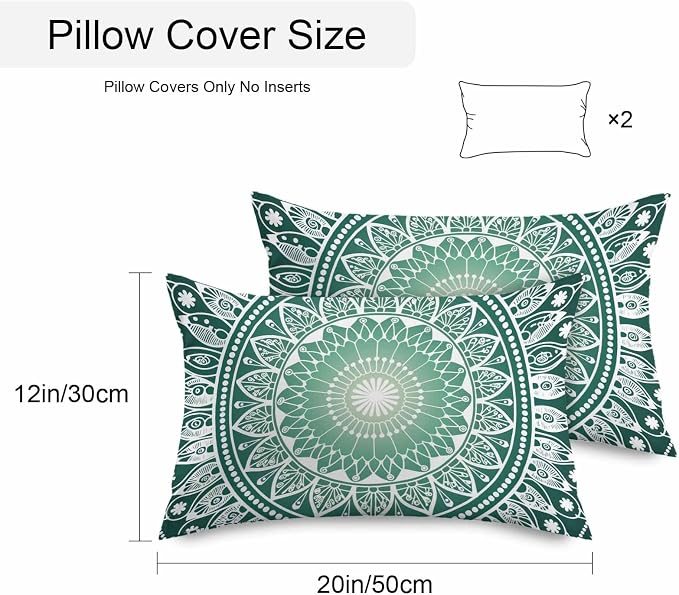 Vandarllin Outdoor Throw Pillows Covers 20x12 inch Set of 2 Waterproof Green Boho Floral Decorative Zippered Cushion Covers for Patio Furniture, Bohemian Sacred Space Art Lumbar Pillowcases