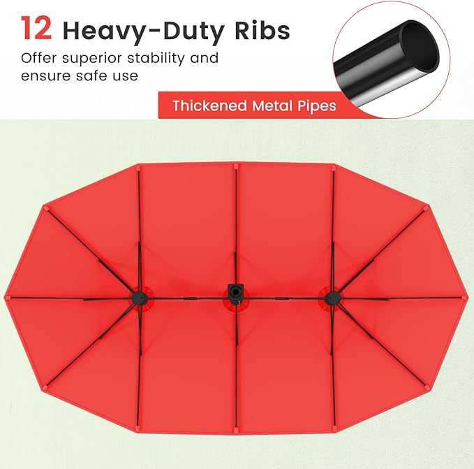 Tangkula 15FT Double-Sided Patio Umbrella with Base, Extra-Large Market Umbrella W/Crank System, Outdoor Twin Umbrella W/ 12-Rib Metal Structure & Air Vents for Garden, Backyard, Poolside