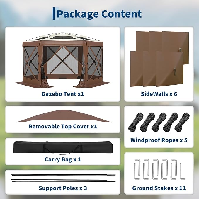 GarveeLife 13x13FT 6-Sided Pop Up Canopy Tent，One-Push Setup Canopy Tent with Removable Canopy Top & Wind Cloths, Outdoor shelter for Camping, Backyard Parties, Outdoor Events - Beige & Khaki