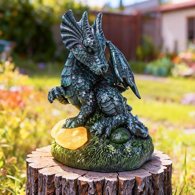 Dragon Statue Outdoor Decor, Porch Dragon Statue with Precious Stone Light - 7.8 inch Lawn Ornaments, Perfect Patio Decor & Yard Decorations Outdoor