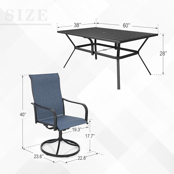 Anmutig 7-Piece Outdoor Dining Set, 6 Swivel Patio Chairs & 60''Rectangular Dining Table with All Weather Frame Furniture Set - Navy Style2