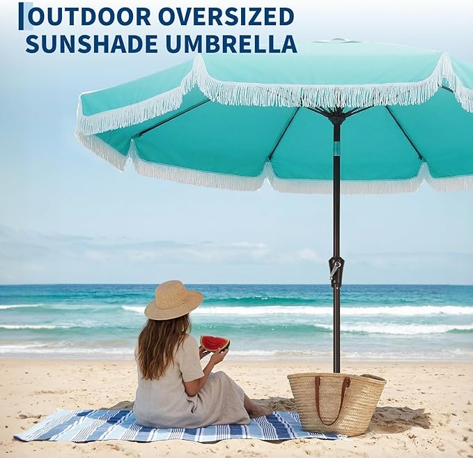 Garvee 10FT Fringe Patio Umbrella with Crank Handle,Push Button Tilt for Sun Shade,8 Fiberglass Ribs, 1.5"D Premium Steel Pole,Outdoor Large Tassel Umbrella for Patio Beach Pool Backyard,10' Lake Blue
