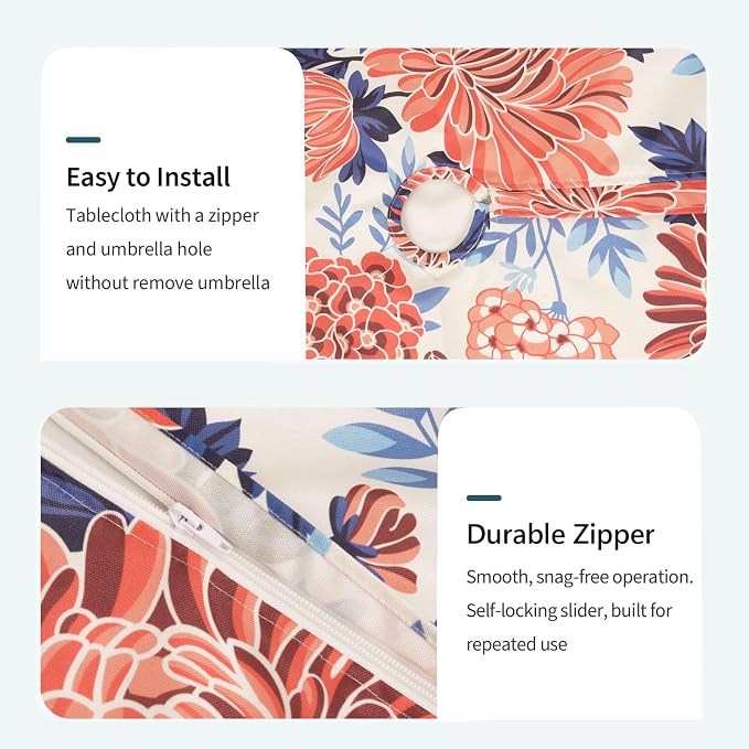 DYTXIII Outdoor Rectangle Tablecloth with Umbrella Hole and Zipper 84" x 60", Water Repellent Floral Picnic Cover, Fade & Wrinkle Resistant Tablecloth for Patio/Garden/Party Table, Red Chrysanthemum