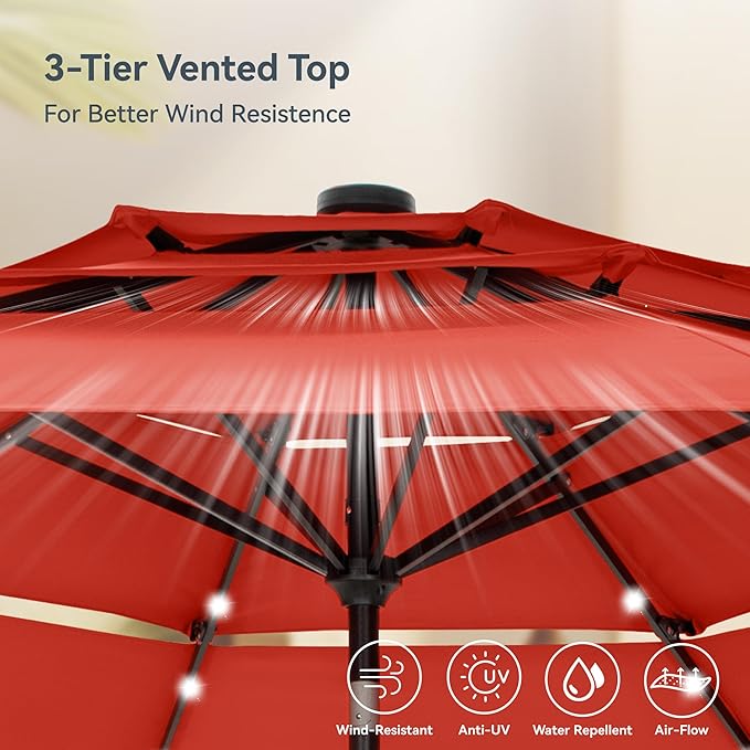 PHI VILLA 10ft Patio Umbrella with Light, Outdoor Large Auto-Tilt 3 Tier Market Table Umbrellas with 8 Sturdy Ribs and 1.5" Pole for Lawn Poolside Garden Terrace, Orange Red