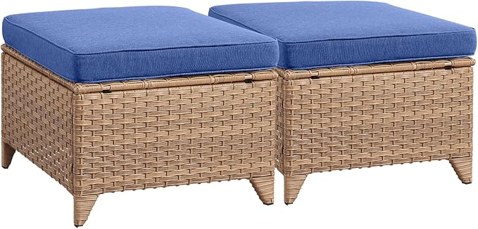 Rilyson Outdoor Ottoman Wicker Patio Ottomans - 2 Piece Footrest Footstools Set Rattan Outdoor Ottomans for Patio with Thick Cushions(Yellow/Blue)