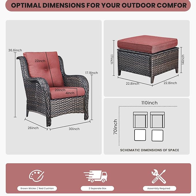 Belord Wicker Furniture 4 Pieces Outdoor Patio Furniture Set Patio Chairs with Ottomans Conversation Set for Porch Garden Deck Balcony Poolside
