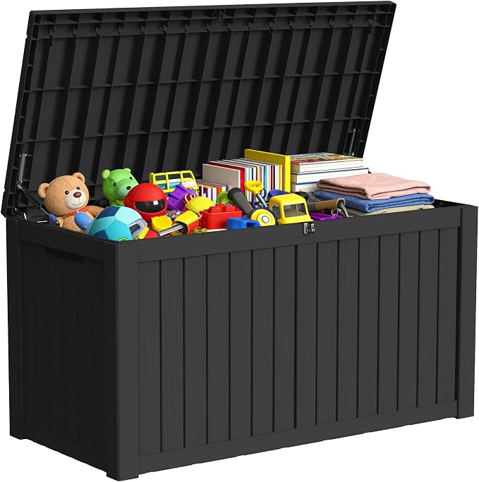 150 Gallon Outdoor Storage Box Resin Deck Box All Weather Waterproof Large Lockable Storage Container Deck Box for Patio Furniture, Garden Tools, Lockable, Black
