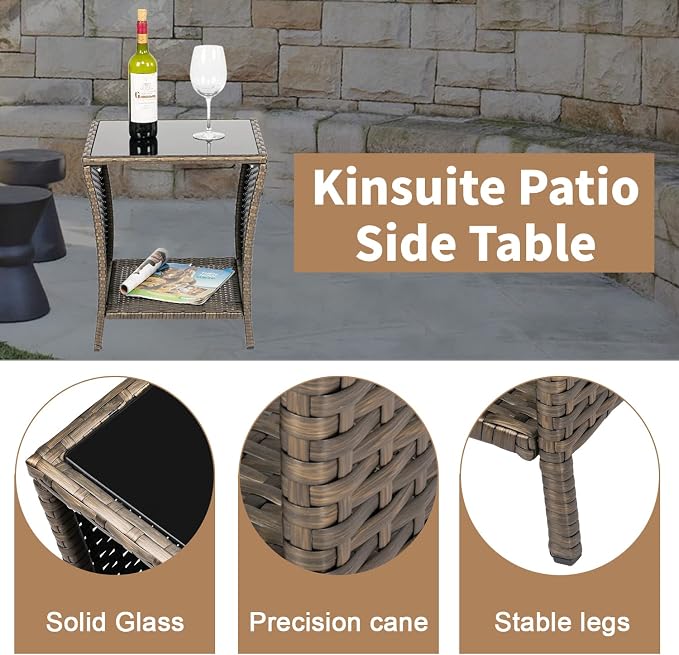 Kinsuite PE Rattan Patio Side Table - Outdoor Wicker End Table with Glass Top, Rattan Coffe Table in Iron Frame for Backyard Balcony Poolside, Dark Blonde