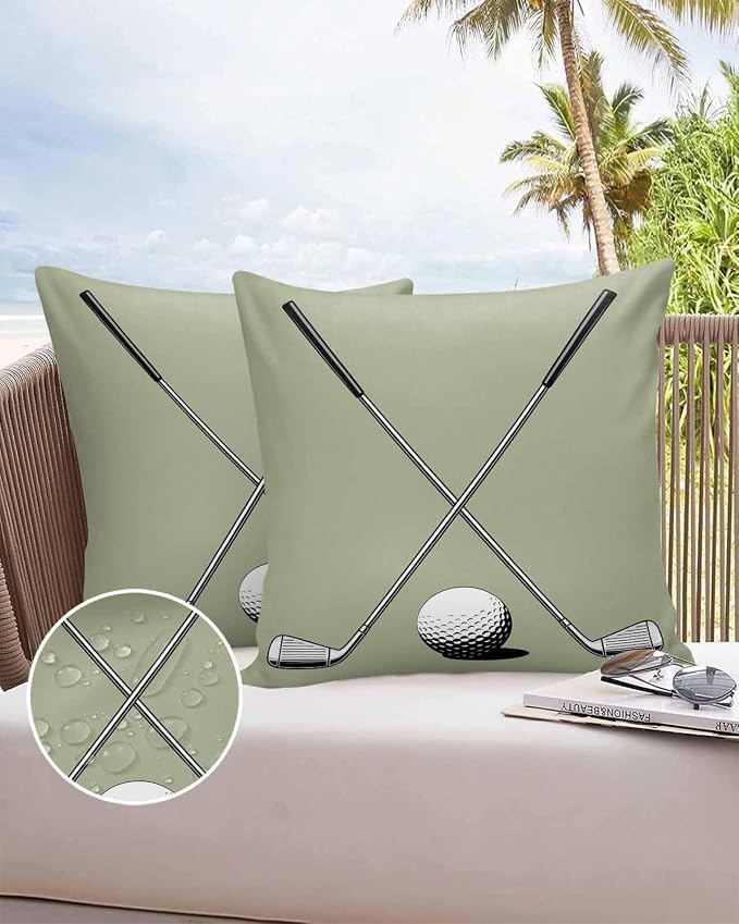 Vandarllin Outdoor Throw Pillows Covers 26x26 inch Set of 2 Waterproof Golf Ball Club Decorative Zippered Cushion Covers for Patio Furniture, Game Sports Sage Green Lumbar Pillowcases