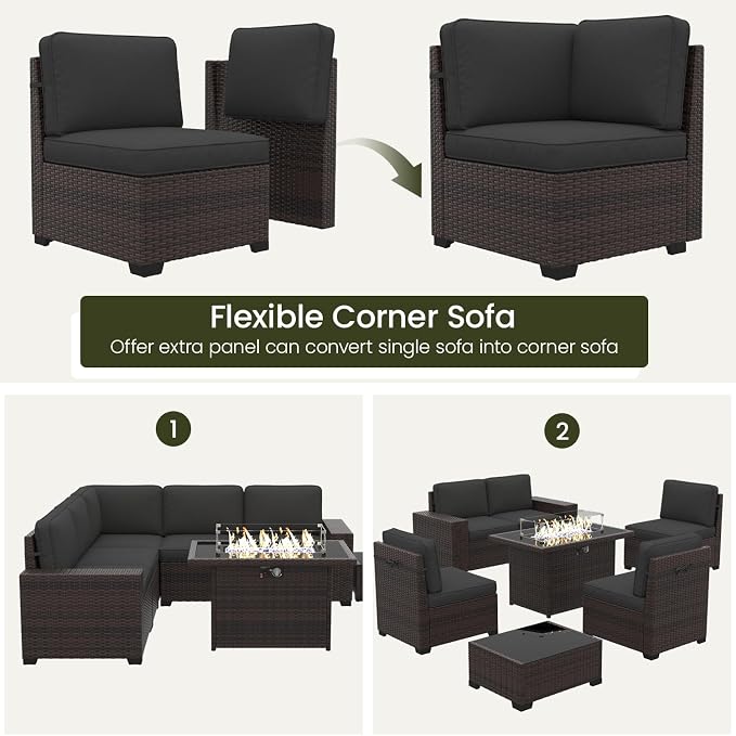LayinSun 13 Pieces Outdoor Patio Furniture Set with 44" Fire Pit Table Brown Rattan Sectional Sofa Conversation Sets