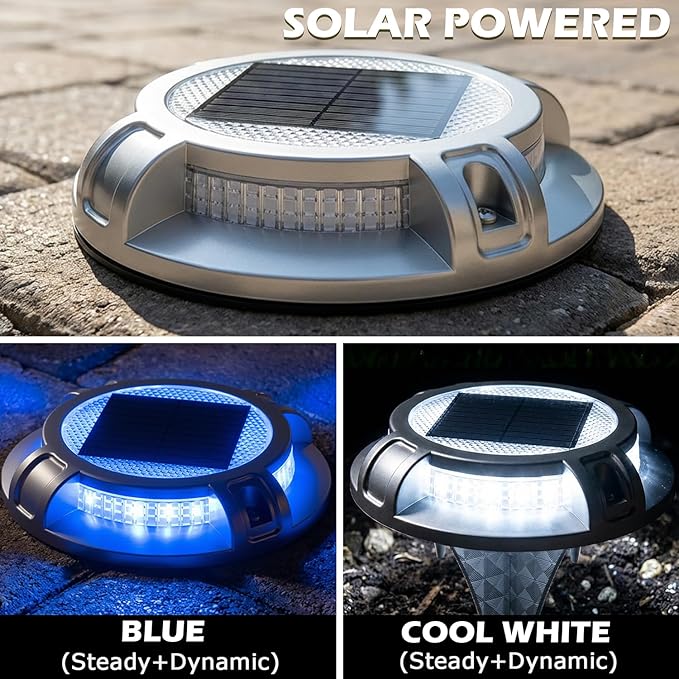SIEDiNLAR Solar Driveway Lights Outdoor 4 Modes 40 LEDs Deck Driveway Markers Waterproof Marine Dock Light for Walkway Pathway Ground Step Garden Yard, Blue/White Dynamic Lighting (16 Pack)