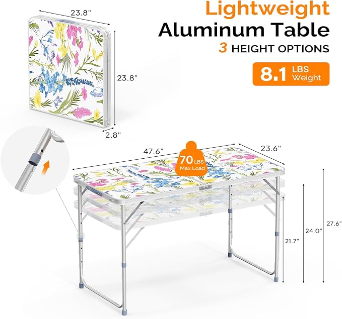 VINGLI 4FT White Folding Table with Carrying Handle Height Adjustable Lightweight Fold Up Portable for Indoor Outdoor Picnic,Camping,Hiking,Fishing,BBQ …