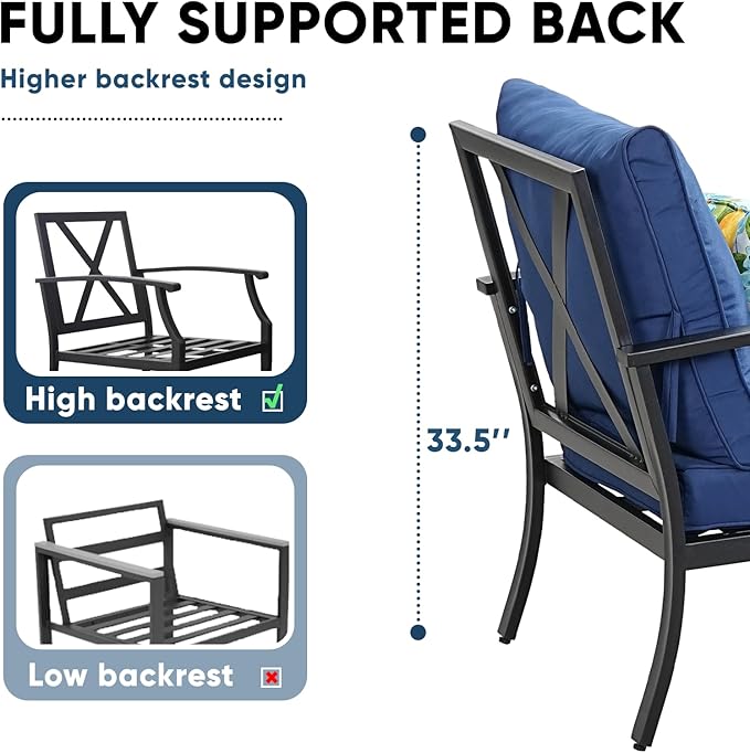 4 Piece Outdoor Patio Furniture Set, Oversized Metal Conversation Set with High Back & Deep Seating, Water-Repellent Cushions, Coffee Table for Porch, Deck, Backyard, Navy