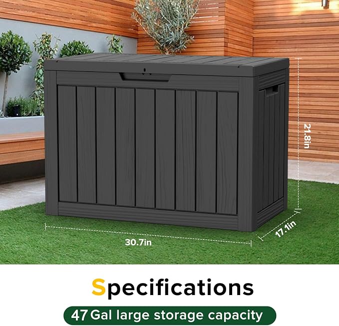 Deck Box Large Outdoor Storage for Patio Furniture,Outdoor Cushions,Garden Tools and Pool Supplies,Waterproof,Resin,Lockable (Black, 47 Gallon)