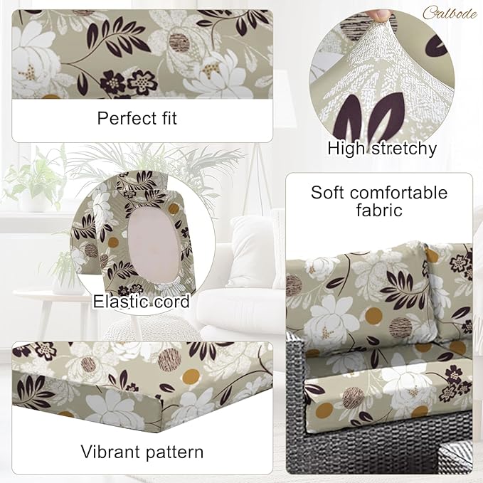 CALBODE 14 Pcs Waterproof Patio Cushion Covers, Floral Printed Stretch Outdoor Sofa Cover for Patio Furniture, Washable Chair Covers Reusable Furniture Protector for Fall Decor (Brown, Cover Only)
