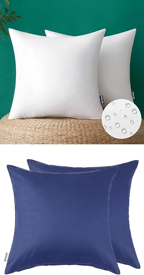 MIULEE Pack of 2 Waterproof Pillow Inserts Bundle Pack of 2 Outdoor Pillow Covers Navy Blue 20x20 Inch