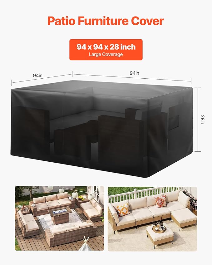 VEVOR Patio Furniture Cover, 420D Heavy Duty Waterproof Outdoor Dining Table and Chairs Cover, Large Squre Patio Table Covers with Air Vent for All Weather, 94L x 94W x 28H inch, Black